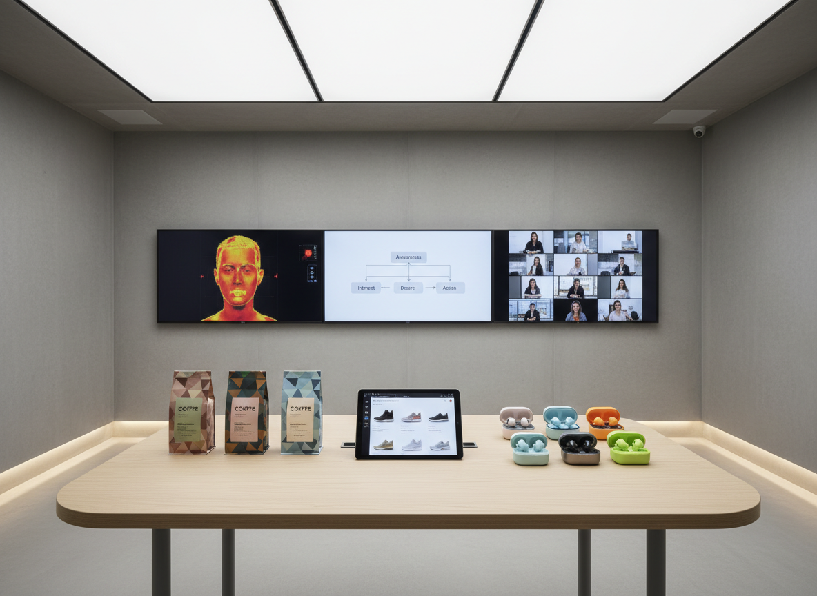 A photographic interior of a minimal, contemporary research studio designed for testing consumer decision-making in realistic environments. In the center, a simple, uncluttered table holds a tablet showing a simulated online store, flanked by two sets of physical product prototypes with varying packaging designs and color schemes. Along one wall, three large monitors display eye-tracking heatmaps, funnel diagrams, and session replay thumbnails. The space is lit by soft, diffused ceiling panels and subtle floor uplighting, producing an even, shadow-free illumination. Shot from a slightly elevated angle with rule-of-thirds composition, the room feels controlled yet approachable, emphasizing applied experimentation and the translation of psychological theory into practical consumer insights.
