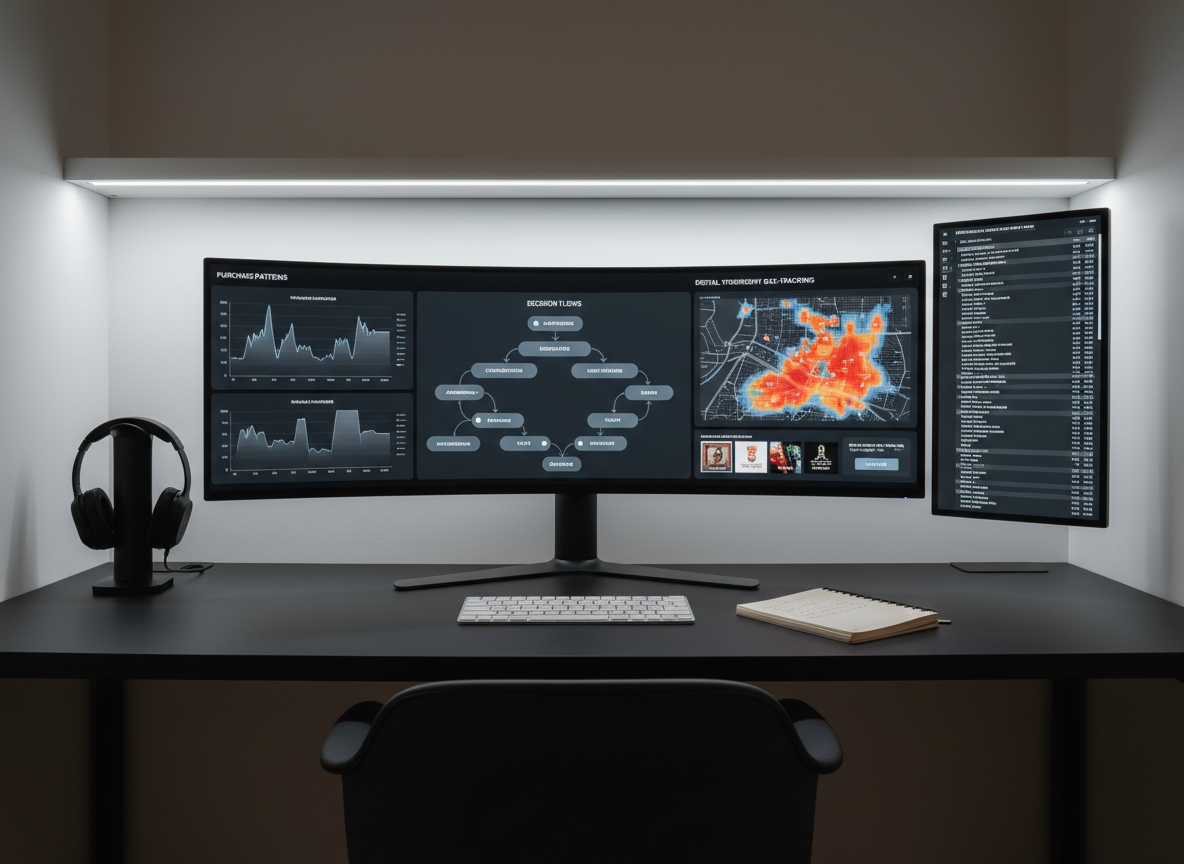 A wide photographic shot of a modern analytics workspace dedicated to psychology research in consumer contexts. A large ultrawide monitor dominates the center, filled with a multi-panel dashboard: time-series graphs of purchase patterns, a Sankey diagram of decision flows, and maps of gaze-tracking heat zones over a digital storefront. Nearby, a second vertical screen shows cleanly formatted statistical output and model diagnostics. The matte black desk holds a slim keyboard, a notebook of neatly handwritten hypotheses, and a pair of over-ear headphones resting on a stand. Cool white LED task lighting illuminates the setup, while ambient indirect light gives the room a soft, focused glow. The composition is symmetrical and balanced, with a calm, highly professional mood and crisp photographic realism.