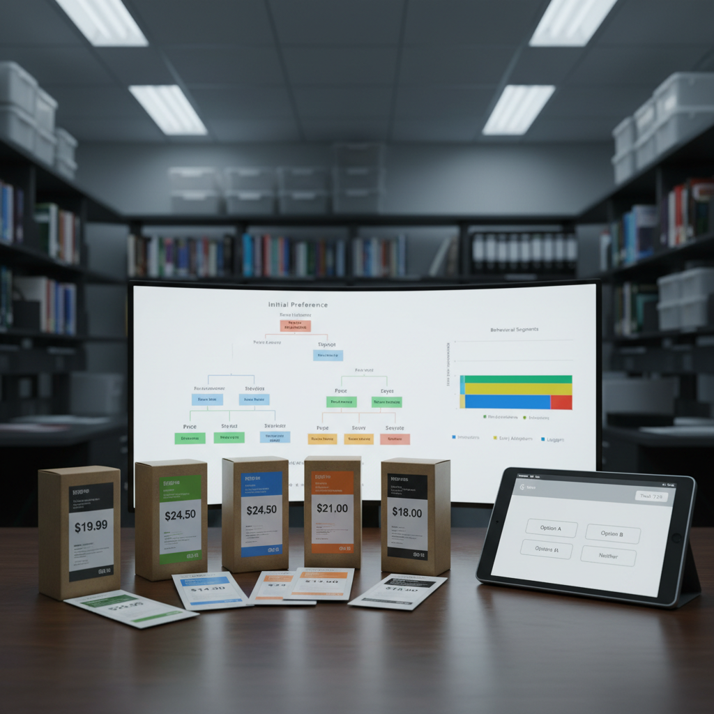 A close-up photographic scene of a polished wooden table in a quiet research lab, featuring an array of consumer behaviour experiment materials. In the foreground, a set of elegantly designed product mock-up boxes with different price tags and label layouts are arranged in a semi-circle, beside a tablet running a randomized choice-task interface. Behind them, a large curved monitor displays a multicolored decision tree and behavioural segmentation chart. Cool, diffused overhead lighting creates an even, clinical illumination with minimal shadows, emphasizing precision and clarity. Shot at eye level with a shallow depth of field that keeps the experimental setup in crisp focus while softly blurring shelves of reference books and organized storage in the background, projecting a professional, methodical atmosphere.